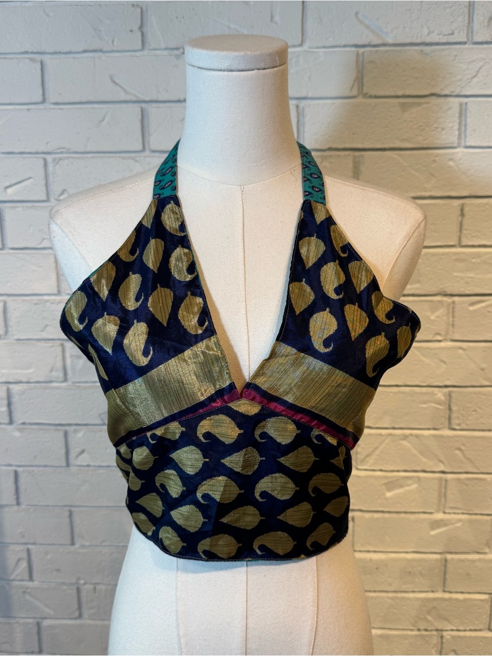 100% Silk Reversible Halter Crop Top Womens S/M